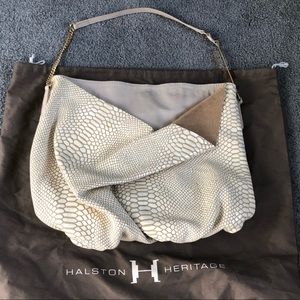 New NWT Halston Heritage cream beige leather croc patent shoulder hobo bag